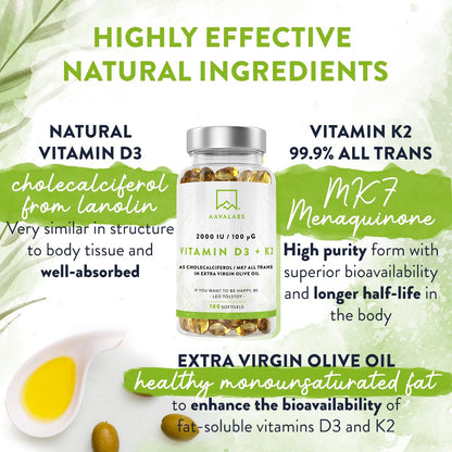 Vitamin D3 K2 MK7 (99.9% All-Trans) with Extra Virgin Olive Oil - 180 Softgels D3 and K2 Vitamin Supplements