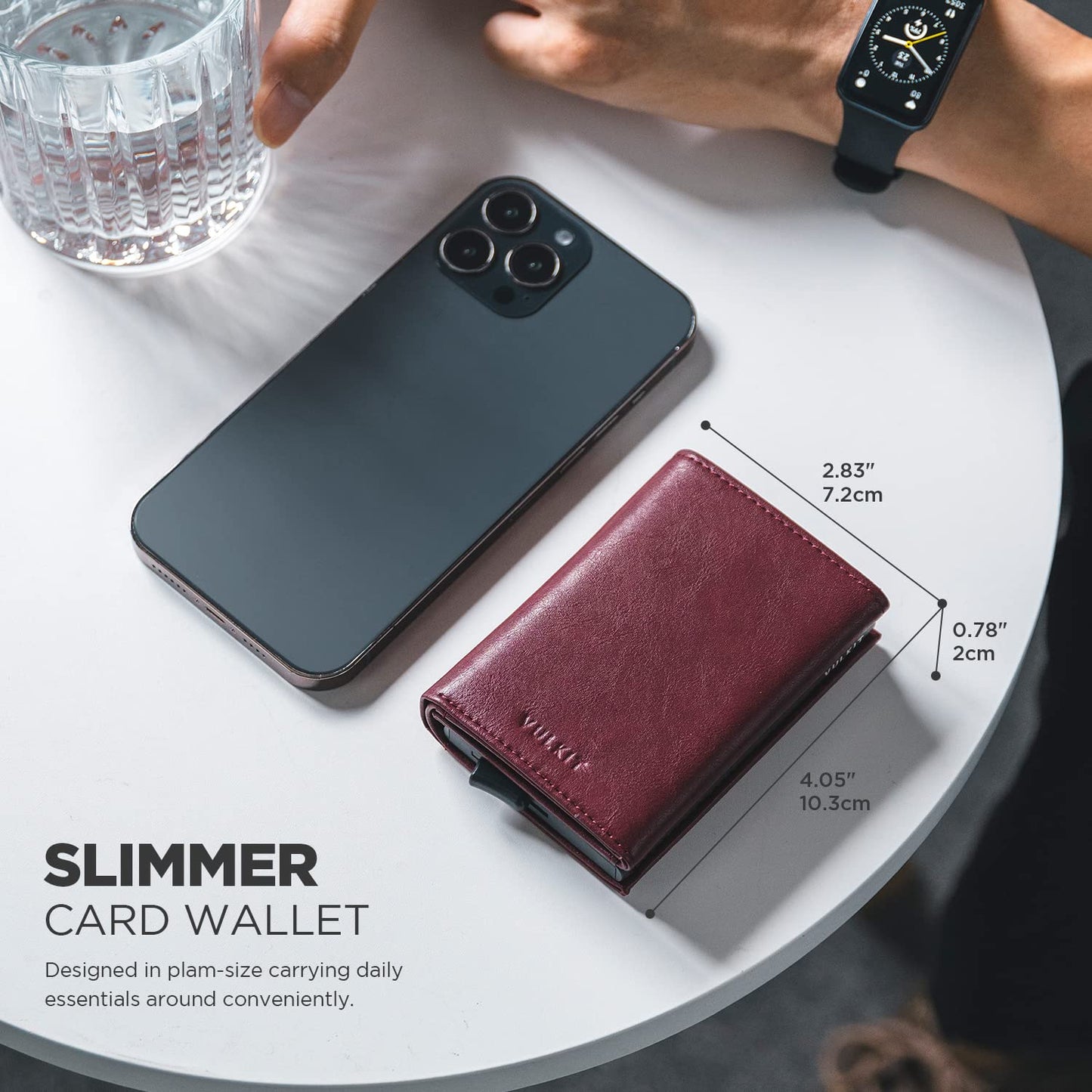 VULKIT Pop up Card Wallet Minimalist Cash Wallets RFID Blocking Leather Smart Credit Card Holder with ID window for Men(Wine)
