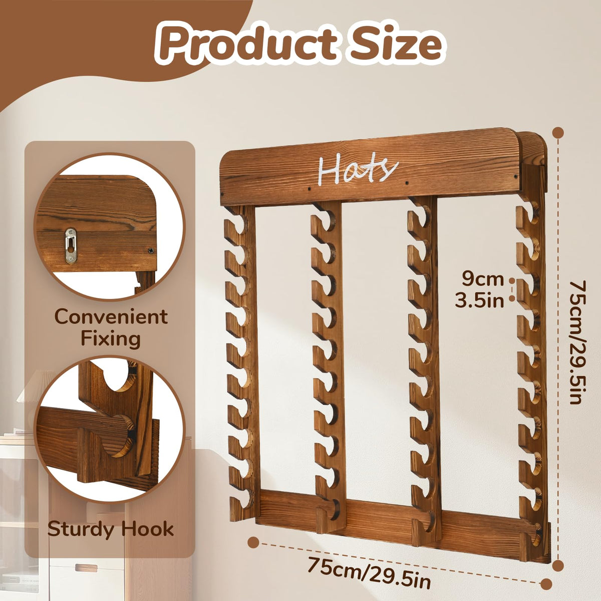 WYJREES Wooden Hat Racks for Baseball Caps, 40-Slot Wall Mount Baseball Cap Rack, Hat Organizer for Display and Storage, Vertical Cap Hanger for Bedroom, Entryway or Closet