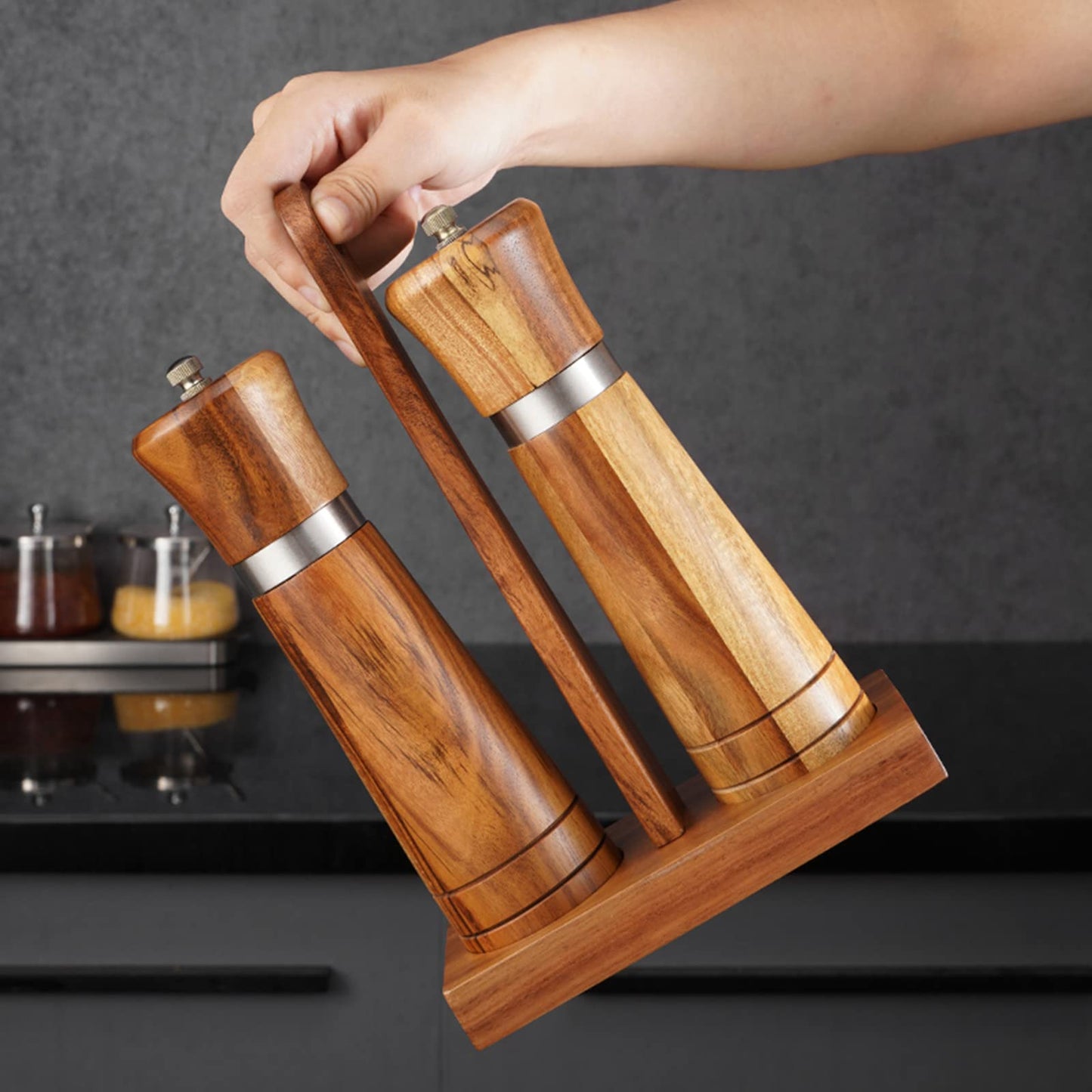 Ninefish Wooden Salt and Pepper Grinder Kit,Wood pepper mill,8-inch manual Teak Wooden Salt and Pepper Shakers, Pepper and salt grinders are combined with Wooden Stand Holder Tray and Wooden Spoon