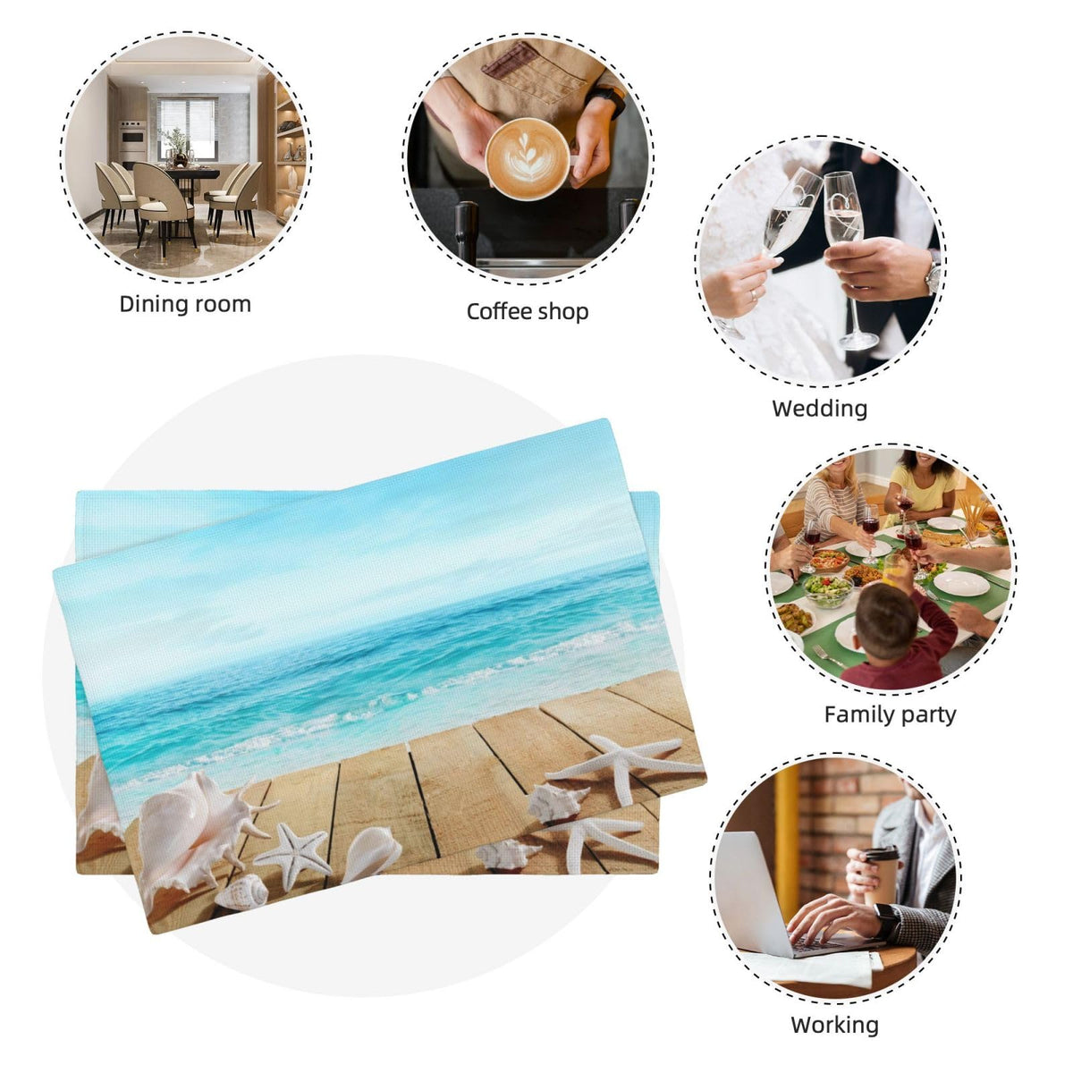 Seashells Placemats Set of 4 Wooden Boardwald Sunshine Vacations Beach Theme Reusable Linen Table Mats Wipeable Rectangle Place Mats for Home Kitchen Dining Decoration 12x18 Inch