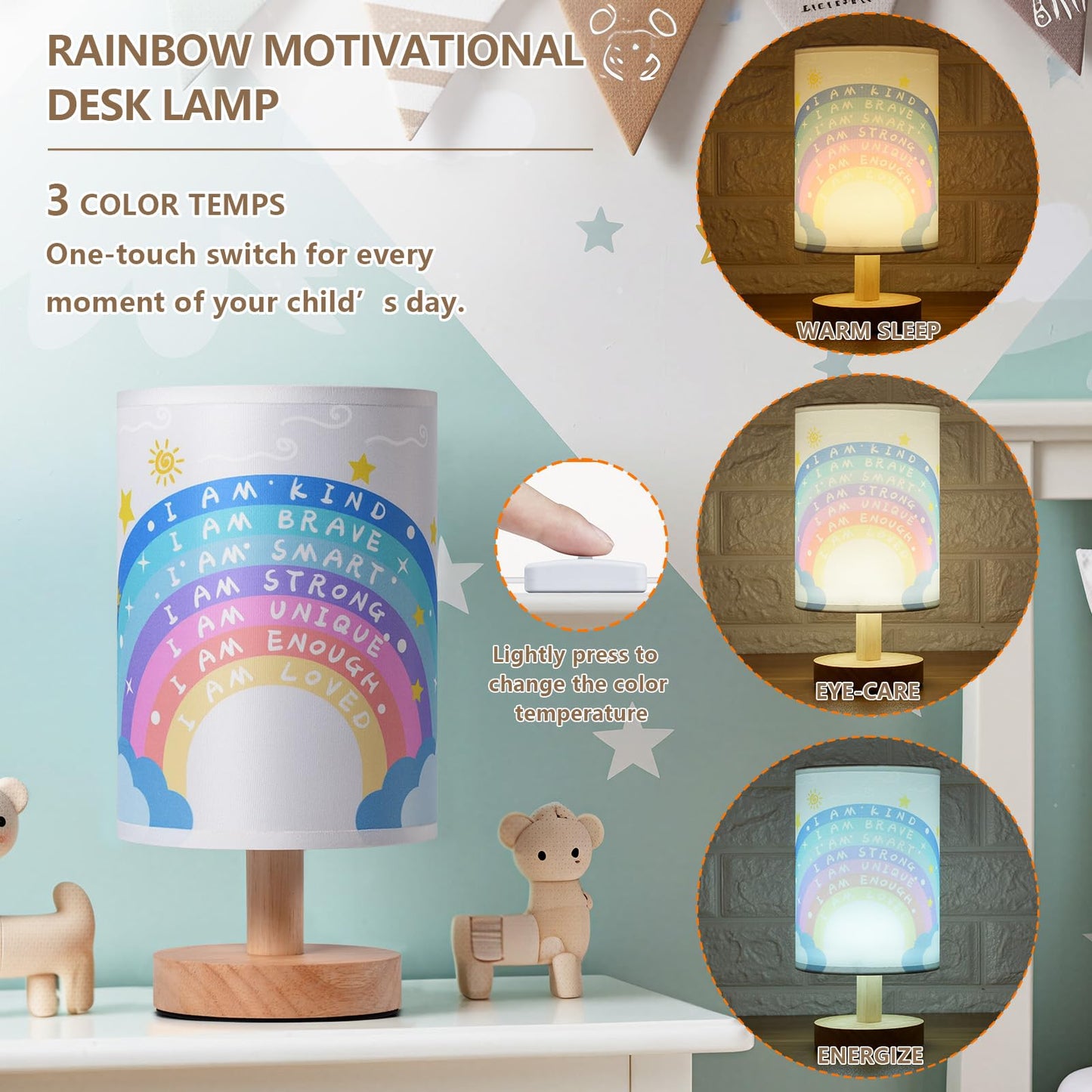 Bold Bison Rainbow Christmas Desk Lamp, 3 Light Modes, USB Powered, for Bedroom, Calming Corner Decor, Cozy Center, Book Center and Supplies, 10 Inch Height