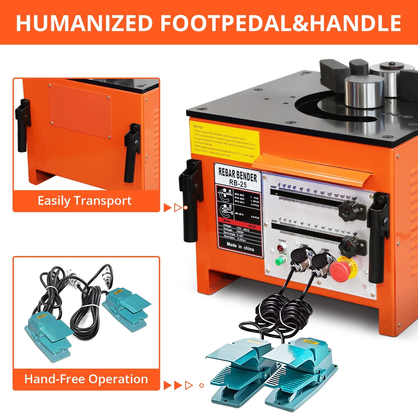 1600W Electric Rebar Bender and Cutter, Fast & Accurate Rebar Bending Machine, Portable Rebar Bender Tool for 1/4 inch to 1 inch Steel Bar with 0-180° Angle and Foot Pedal Switch
