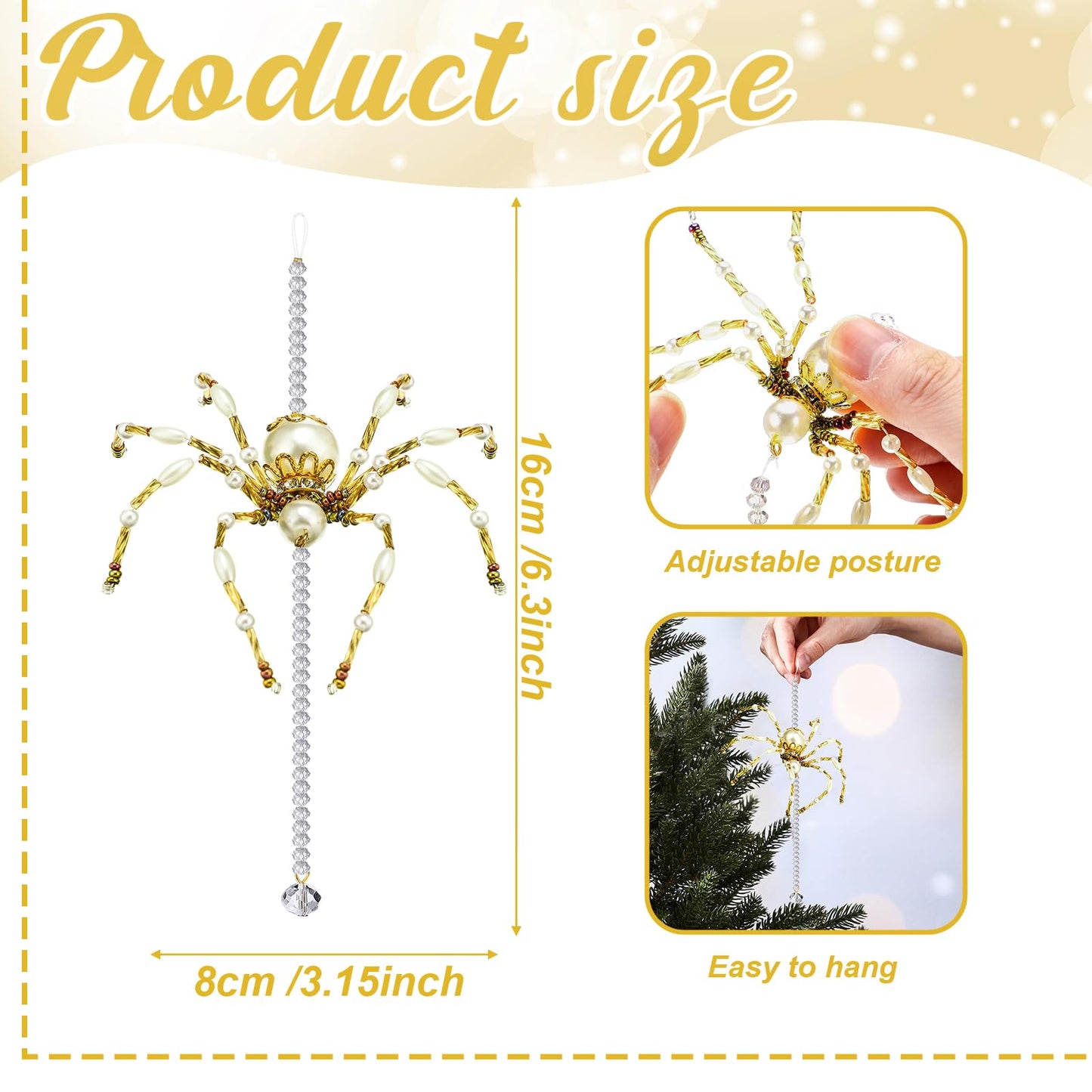 Lunmon 6 Pcs 6.3 Inch Christmas Spider Ornaments for Tree Crystal Beaded Spider Christmas Hanging Ornaments with Crystal Drop Pendent Decoration for Xmas Tree Indoor Home Window Party Gift