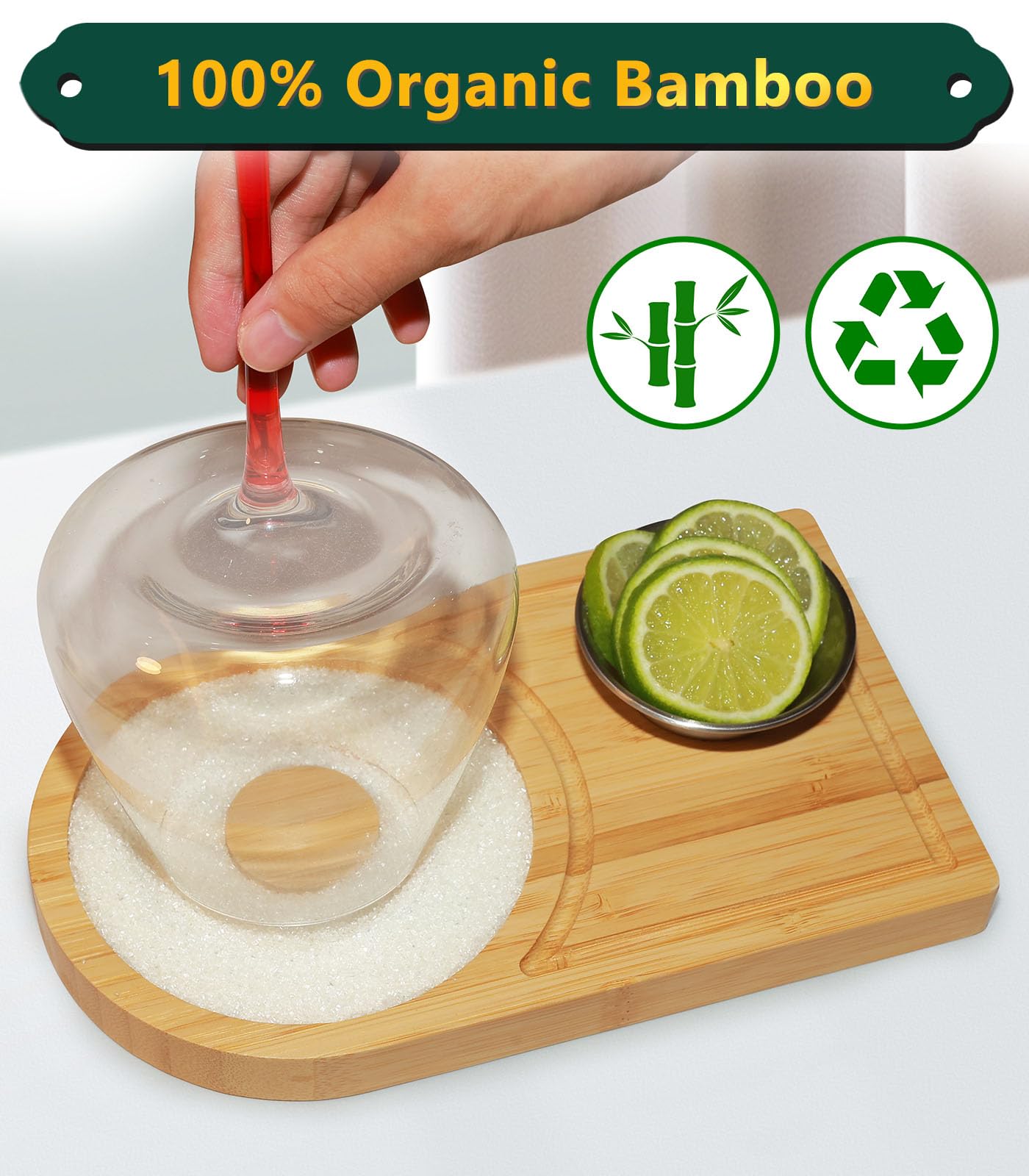CPOTAM Margarita Salt Rimmer Set, Bamboo Margarita Rimmer Set with Bowl & Room for Margarita Accessories, Margarita Sugar Rimmer for Cocktails, for up to 4.7" Rims
