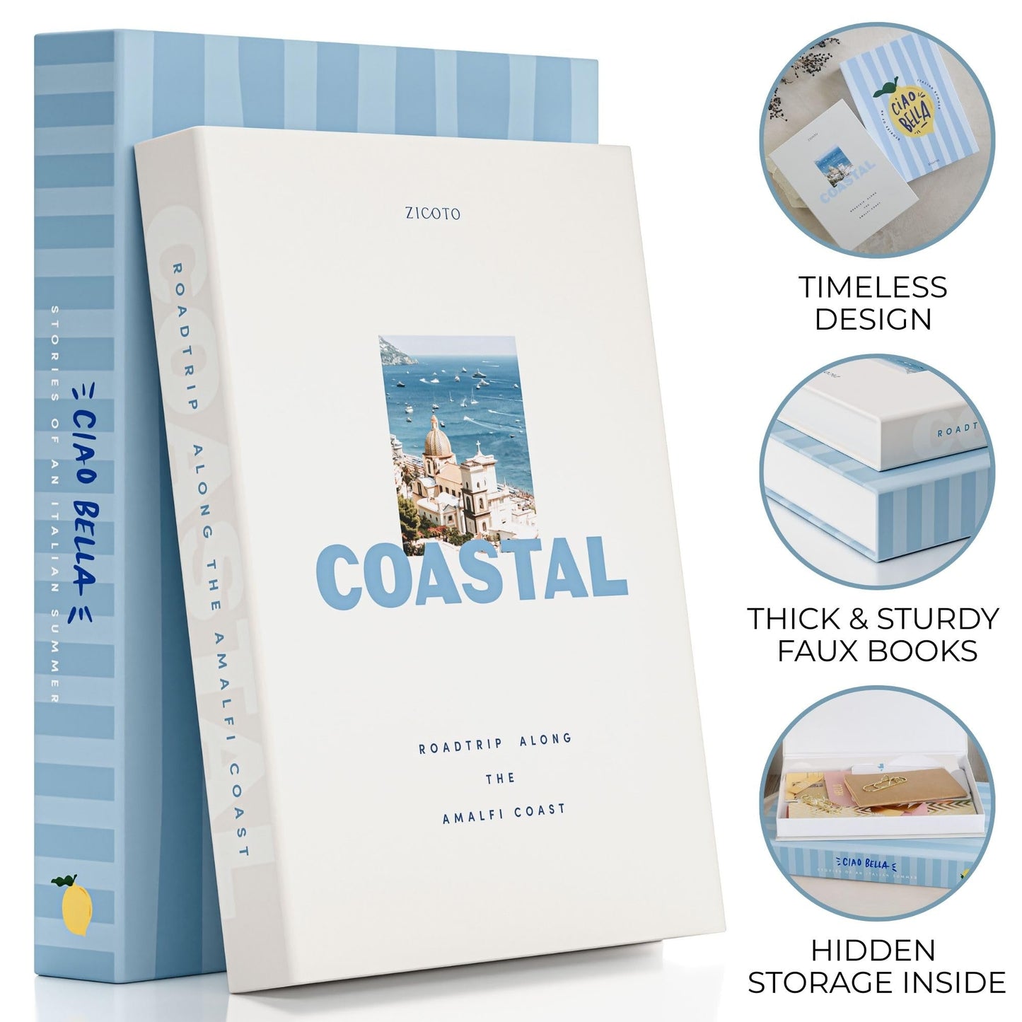 Beautiful Decorative Books - Set of 2 Coastal Room Decor Boxes Enhance Any Coffee Table, Bookshelf or Mantel Shelf - Aesthetic Fake/Faux Books for Modern Home Decoration, Photo Storage/Keepsake Box
