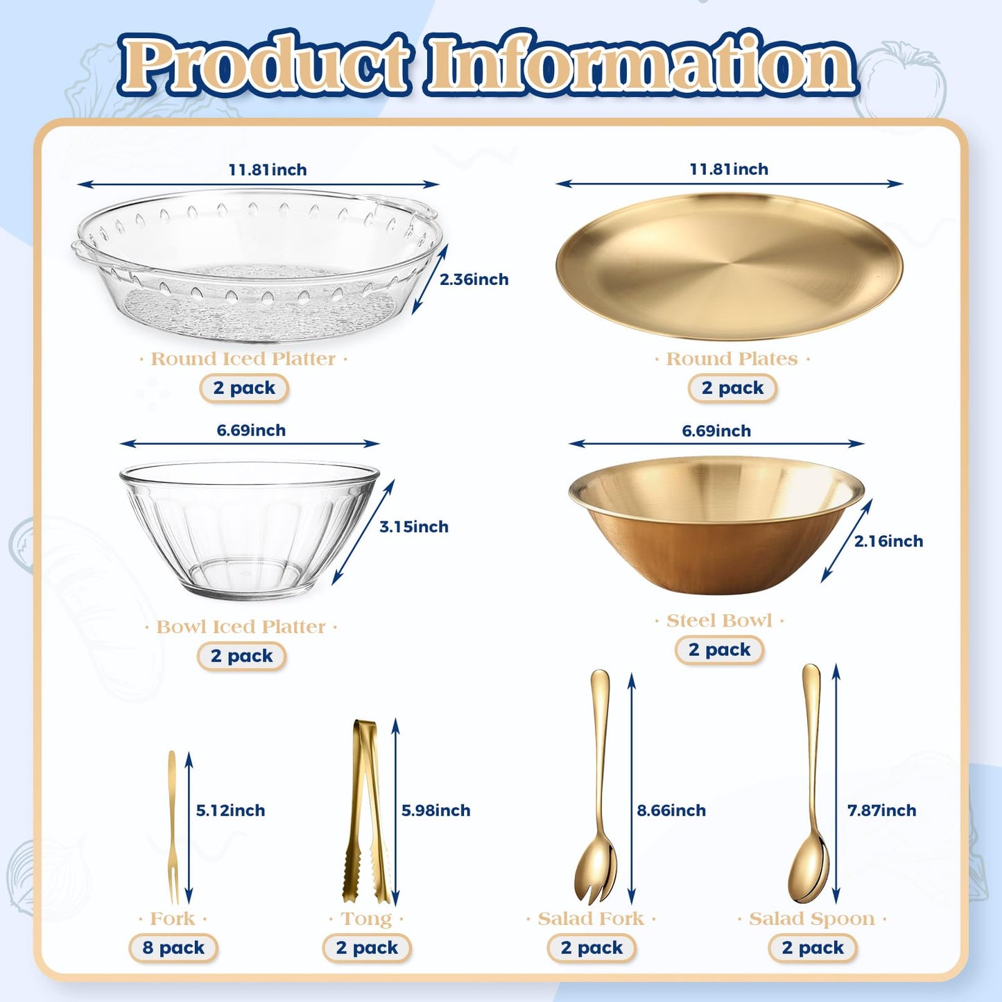 4 Set Gold Chilled Serving Tray and Dip Bowl for Parties, Chilled Serving Bowl Veggie tray Shrimp Cocktail Serving Dish with Salad Spoon & Fork, Tong and Forks for Fruit Seafood Vegetable Appetizer