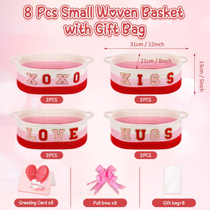 8 Set Valentines Day Gift Basket Woven Empty Basket with Cellophane Bags Pull Bow Greeting Card & Letter Stickers Empty Decorative Gifts Chest Box with Handles for Party Favors Baby Shower (Small)