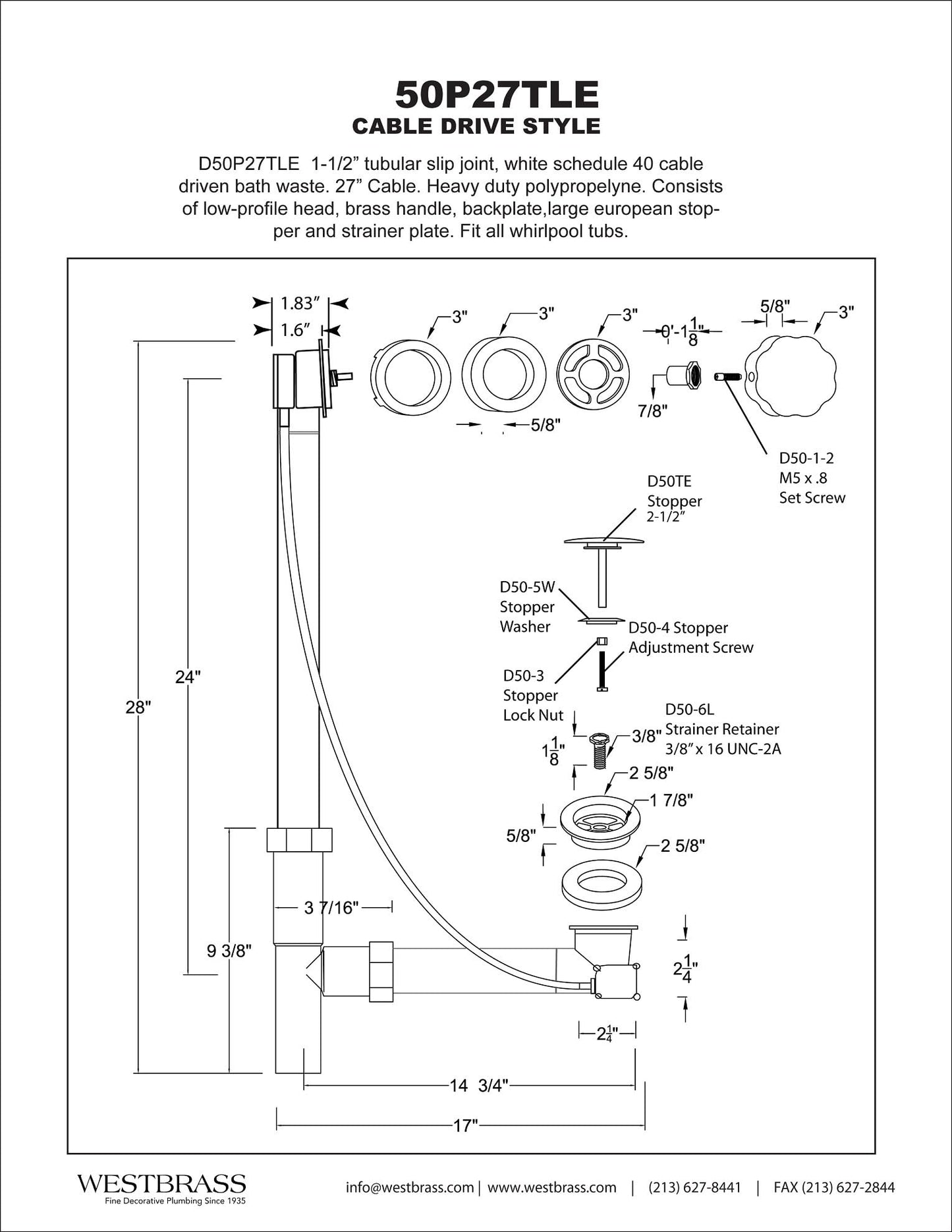 Westbrass A50P27TLE-12 27" Cable Drive Bath Drain Trim Kit with Rotary Overflow Cover Knob, European Stopper and Poly Tubular Pipes, Oil Rubbed Bronze