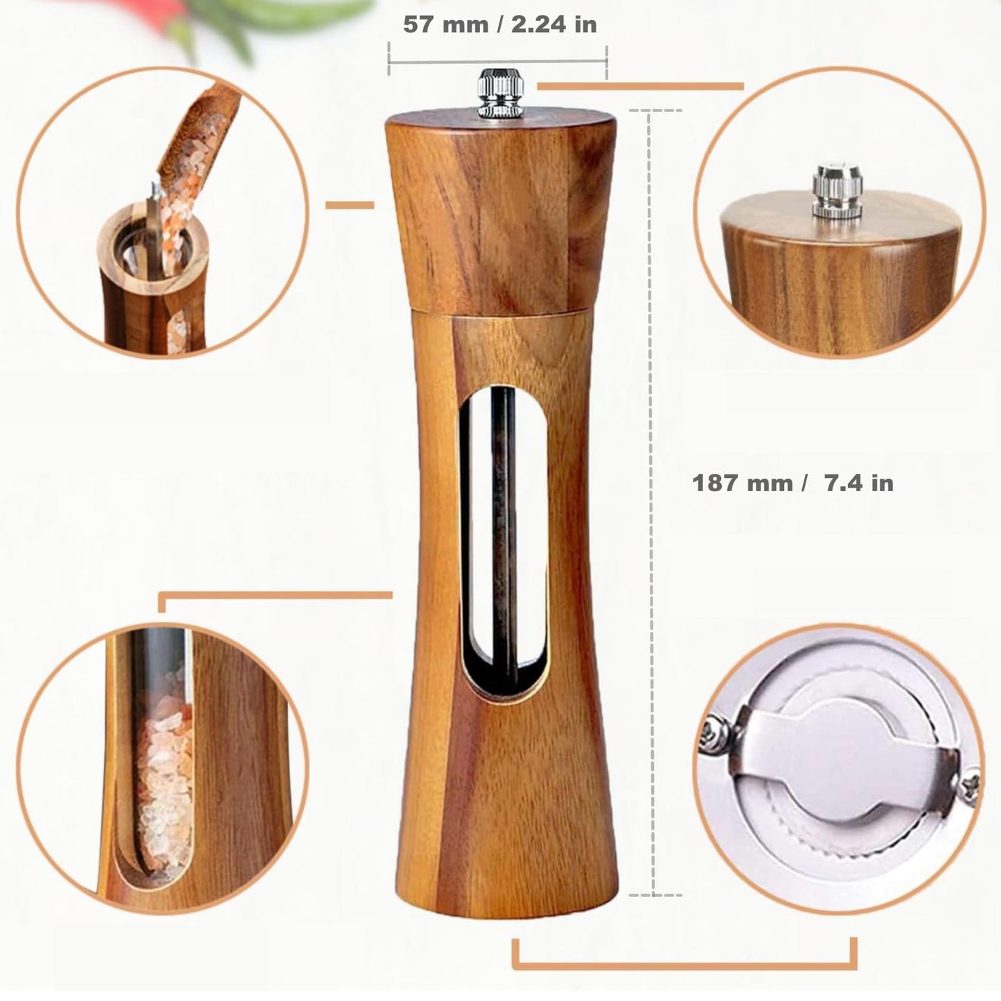 GCFTIFF Acrylic Wooden Salt and Pepper Grinder Set, Solid Acacia Wood Shakers with Adjustable Ceramic Steel Core,Manual Pepper Mill with Wooden Stand & Spoon(2pcs,8 inches)