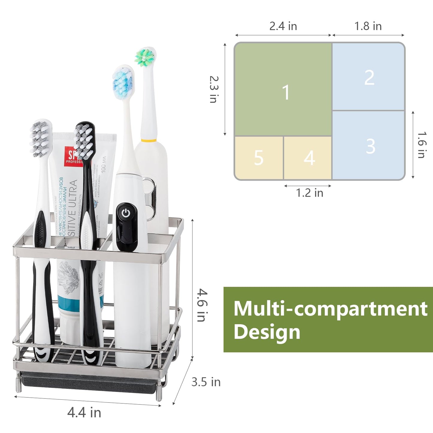 Stainless Steel Toothbrush Holders for Bathrooms, 5 Slots Kids Electric Tooth Brush and Toothpaste Organizer for Countertop, Shower, Vanity, Sliver