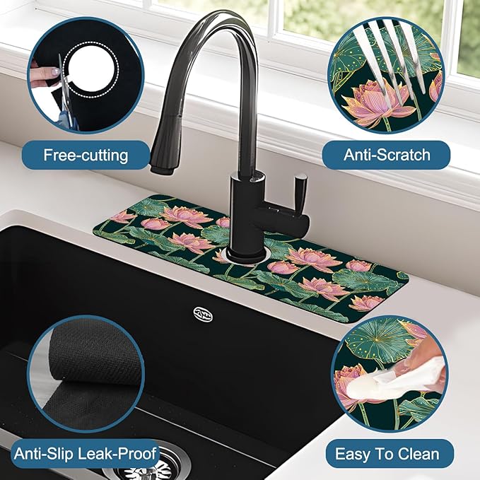 Lotus Pond Pattern Sink Splash Guard Faucet Mat Lotus Flowers Leaves Super