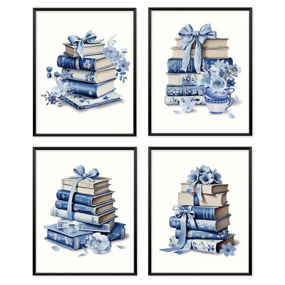 Locomiss Blue and White Floral Bow Book Chinoiserie Wall Art Decor Posters, Blue Bow Book Flower Bookish Girly Wall Art Decor For Bedroom Dorm Living Room Classroom Library, Set of 4 (8x10 Unframed)