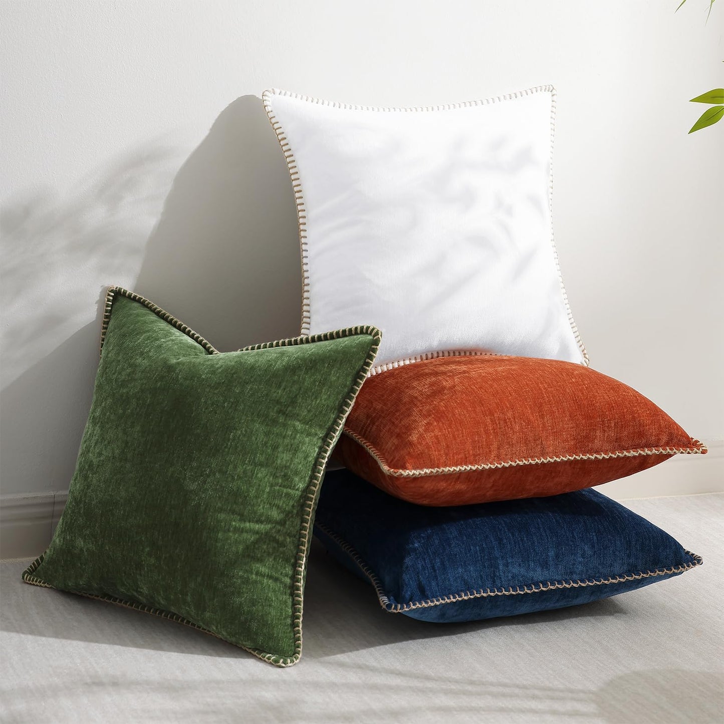 decorUhome Christmas Chenille Soft Throw Pillow Covers 18x18 Set of 2, Farmhouse Velvet Neutral Decorative Euro Fall Pillow Covers with Stitched Edge for Couch Sofa Bed Home Decor, Forest Elf