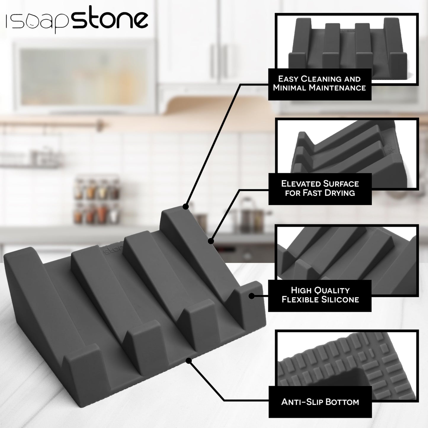 iSoapStone Silicone Soap Dish (USA Patented) Self Draining Bar Soap Holder for Shower Bathroom Sink, Drying Soap Dish Tray Kitchen Sponge Holder Easy Cleaning Soap Saver Mat (Dark Grey, 1)