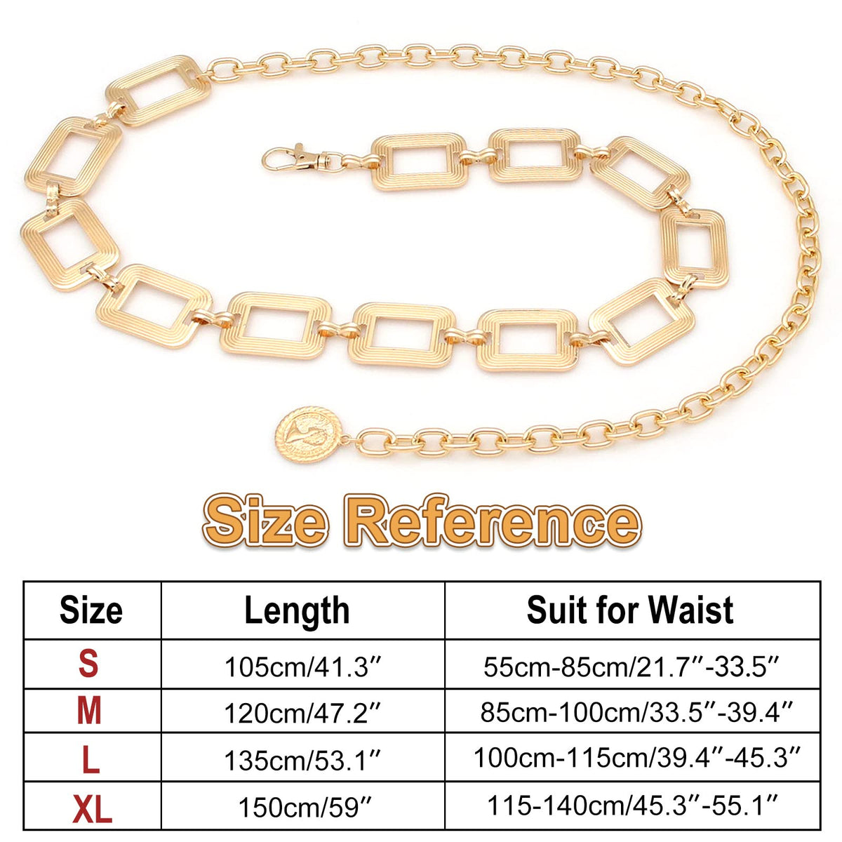 HIQUACC Women's Metal Waist Chain Chunky Body Jewelry Belly Link Belt (Square Gold-L)