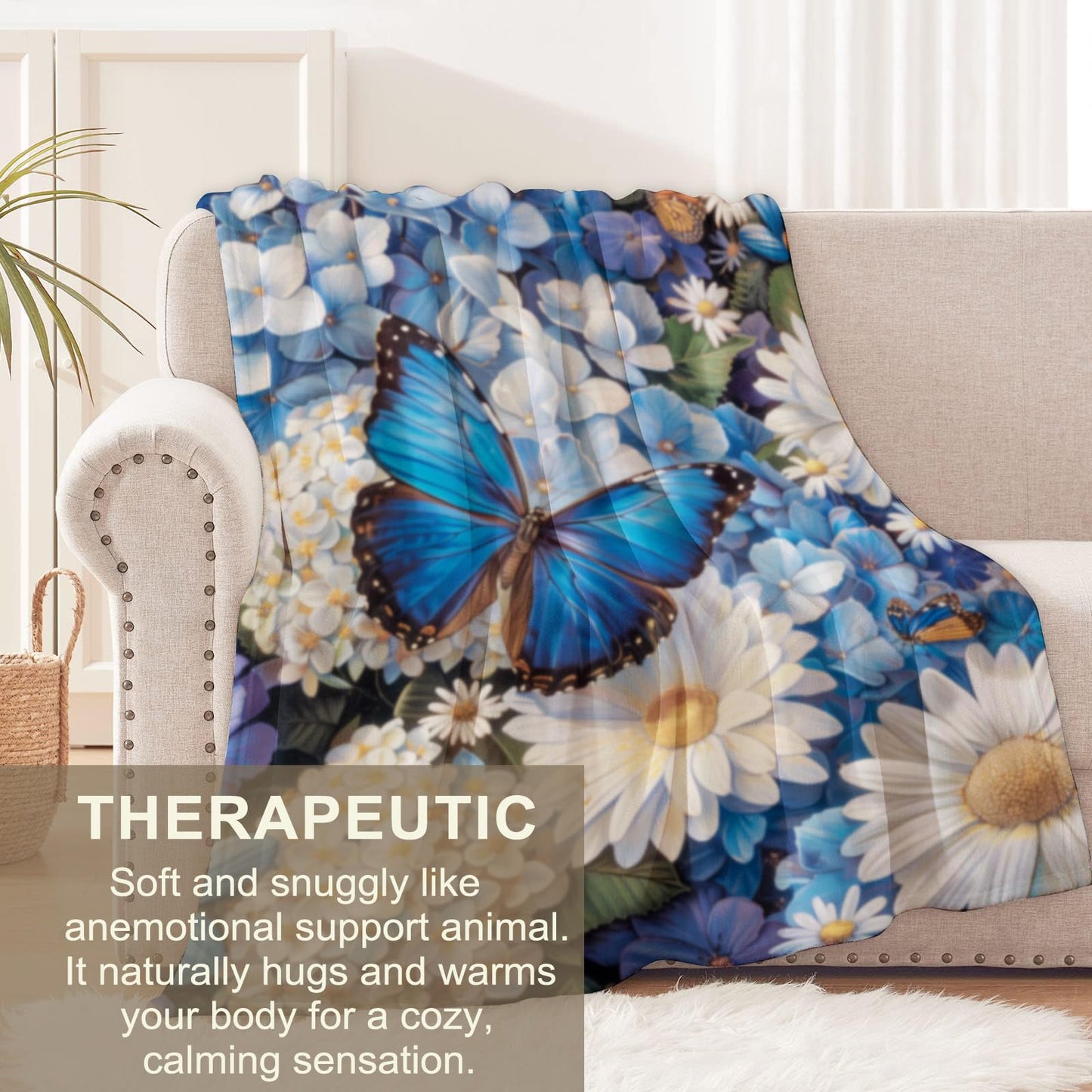 Romantic Butterfly Blanket for Girls Women and Nature Lovers, Flannel Blankets Gifts, Daisy and Blue Hydrangea Floral Throw for Sofa Couch Bed Living Room, Soft Warm Cozy Home Decor 60" x 50"