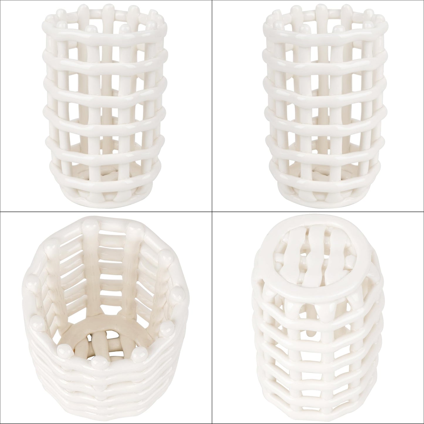 DODAMOUR Ceramic Toothbrush Holder, Boho Woven Grid Bathroom Cup, Breathable Openwork Makeup Brush Organizer, Modern Lattice Stand for Vanity Countertop, Toothpaste Storage - White