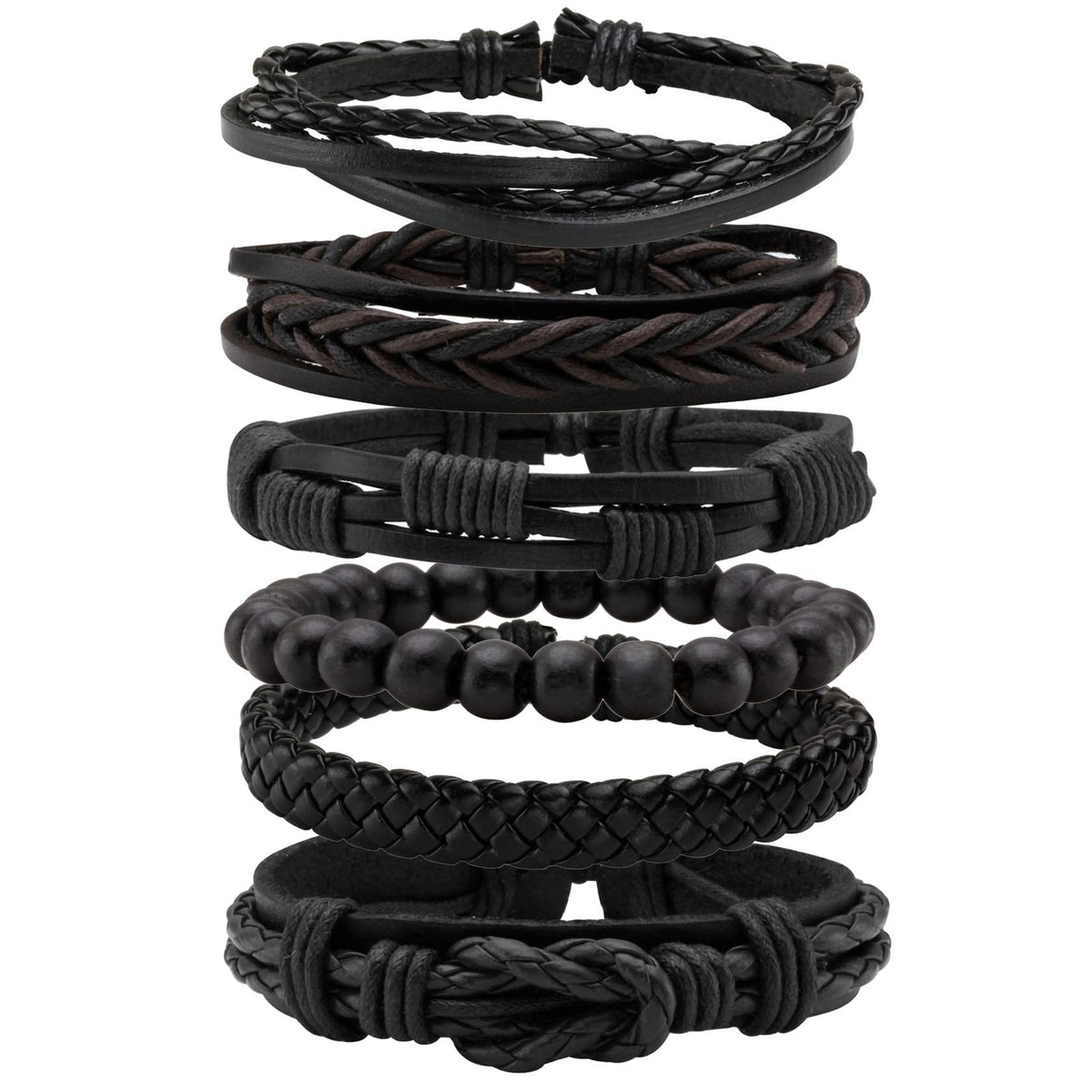 MILAKOO 6 Pcs Black Braided Leather Bracelets for Men Women Cuff Wrap Wristbands