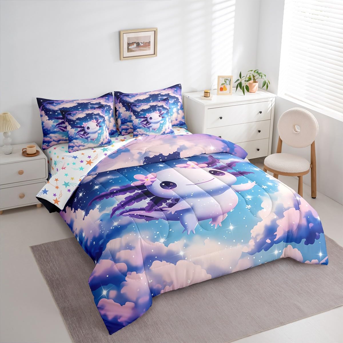 Dreamy Axolotl Queen Comforter Set for Girls Kids Cute Axolotl Bed in a Bag with Flat and Fitted Sheet Teen Preppy Fantasy Galaxy Sky 7-Piece Bedding Set Kawaii Purple Salamander Quilt Duvet Sets
