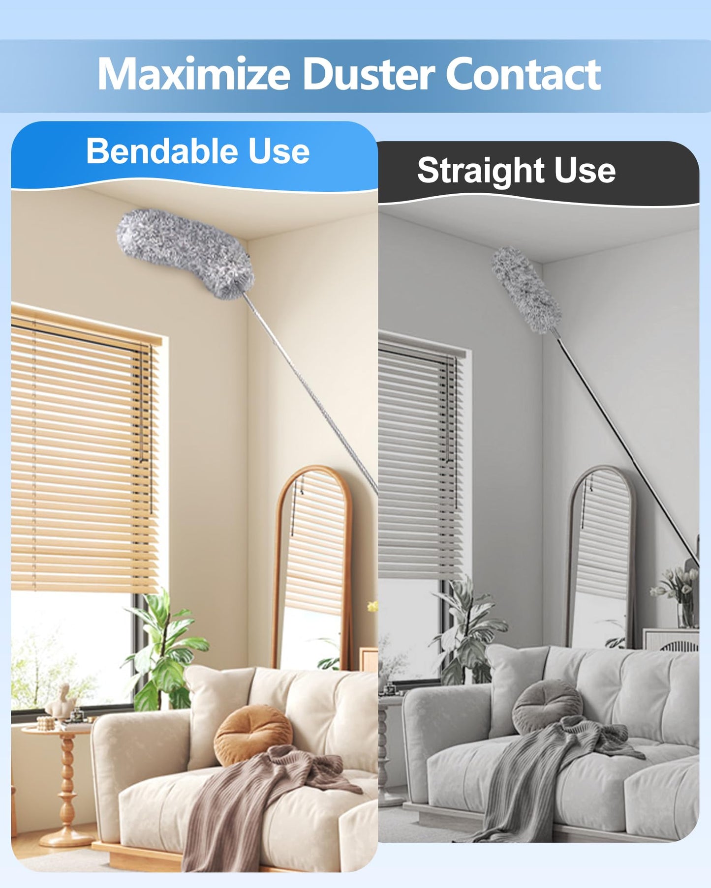 Fogray Extendable Feather Duster Kit - Long Handled 100" Telescopic Pole and Soft Silicone Cap, Bendable Washable Heads for Cleaning Cobwebs, High Ceiling Fans, Roof, Furniture & Cars(5Pcs-Grey)