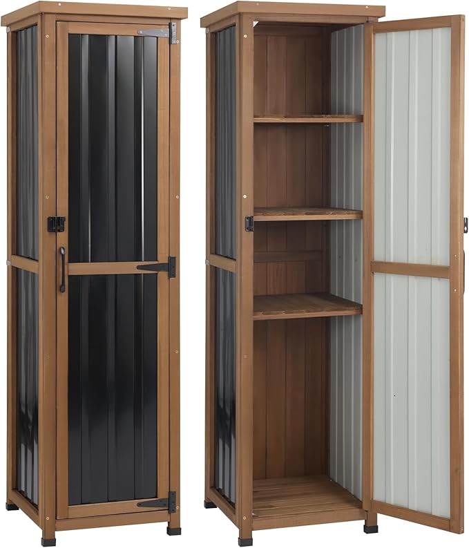 62" H Outdoor Corner Storage Cabinet with Lockable Doors, Outdoor Indoor Small Storage Cabinet with Metal Top, 3 Adjustable Shelves for Patio, Porch, Entryway or Small Spaces