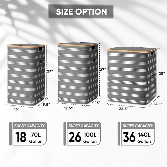 BALEINE Laundry Hamper with Lid, Tall Laundry Baskets with Bamboo Pull Handles