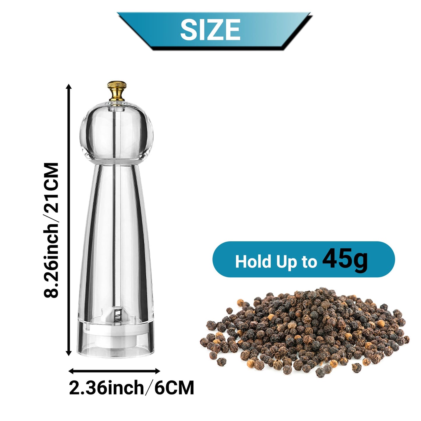 Salt and Pepper Grinder Set, Pepper Mills Classic Manual Transparent Acrylic Rotor, 2PCS 8IN Large Capacity Pepper & Salt Grinder Seasoning Bottle, Ceramic Core Adjustable Coarseness for Fresh Spices