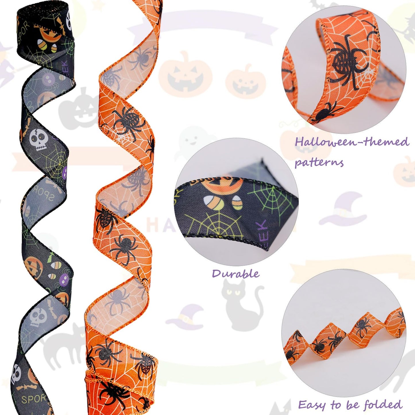 2 Rolls 12 Yards Wired Edge Ribbon - Skull Pumpkin Halloween Decorative Spider Web Printed Wrapping Ribbon for Party Wreath DIY Craft Floral Bow
