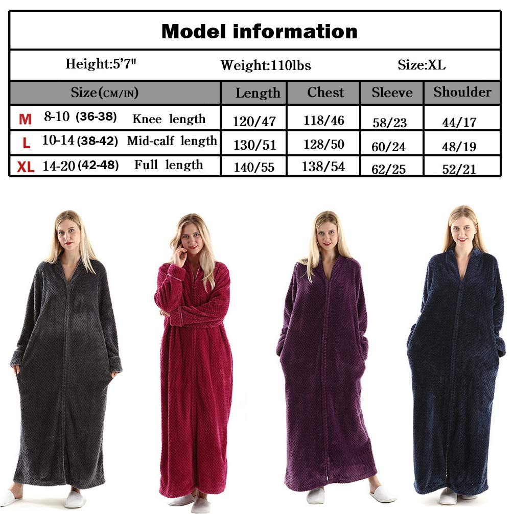 Oksun Womens Plus Size Fleece Dressing Gown Soft Bathrobe Full Length with Zipper, Navy, UK14-20(label XL)