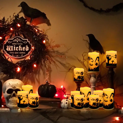 CAKETYCG 12-Pack Halloween Ink Painting Large Electronic Waxes with Remote Control, Flameless LED Candles for Halloween Spooky, Halloween Ambient Sense Artifacts.