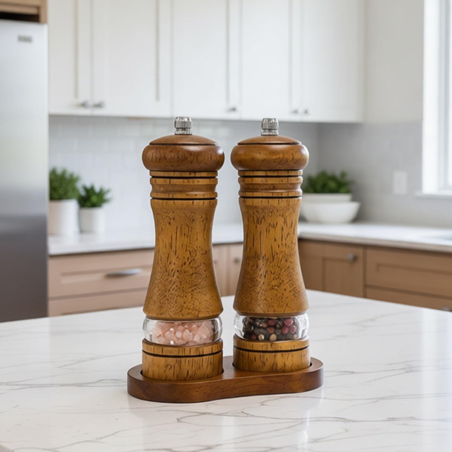 M JINGMEI Wooden Salt and Pepper Grinder Set, Premium Oak Wood Salt Grinders Shakers, Pepper Mill with Acrylic Clear Window, Adjustable Ceramic Grinder (6″ - 2 Packs with Tray)