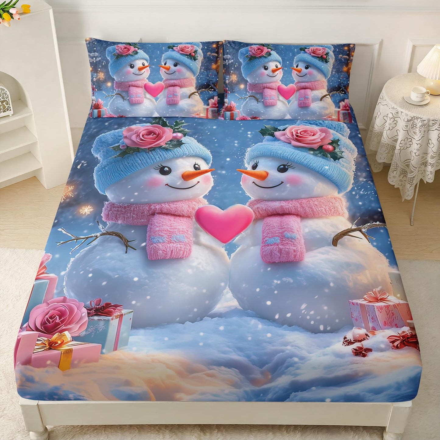 HOSIMA Snowman Twin Fitted Sheet,Cute Snowmen Looking at Each Other,Flowers Gifts Pattern Christmas Bedding Set Romantic Themed Couple Bedding for Women Bedroom Decor,1 Fitted Sheet+2 Pillowcases.