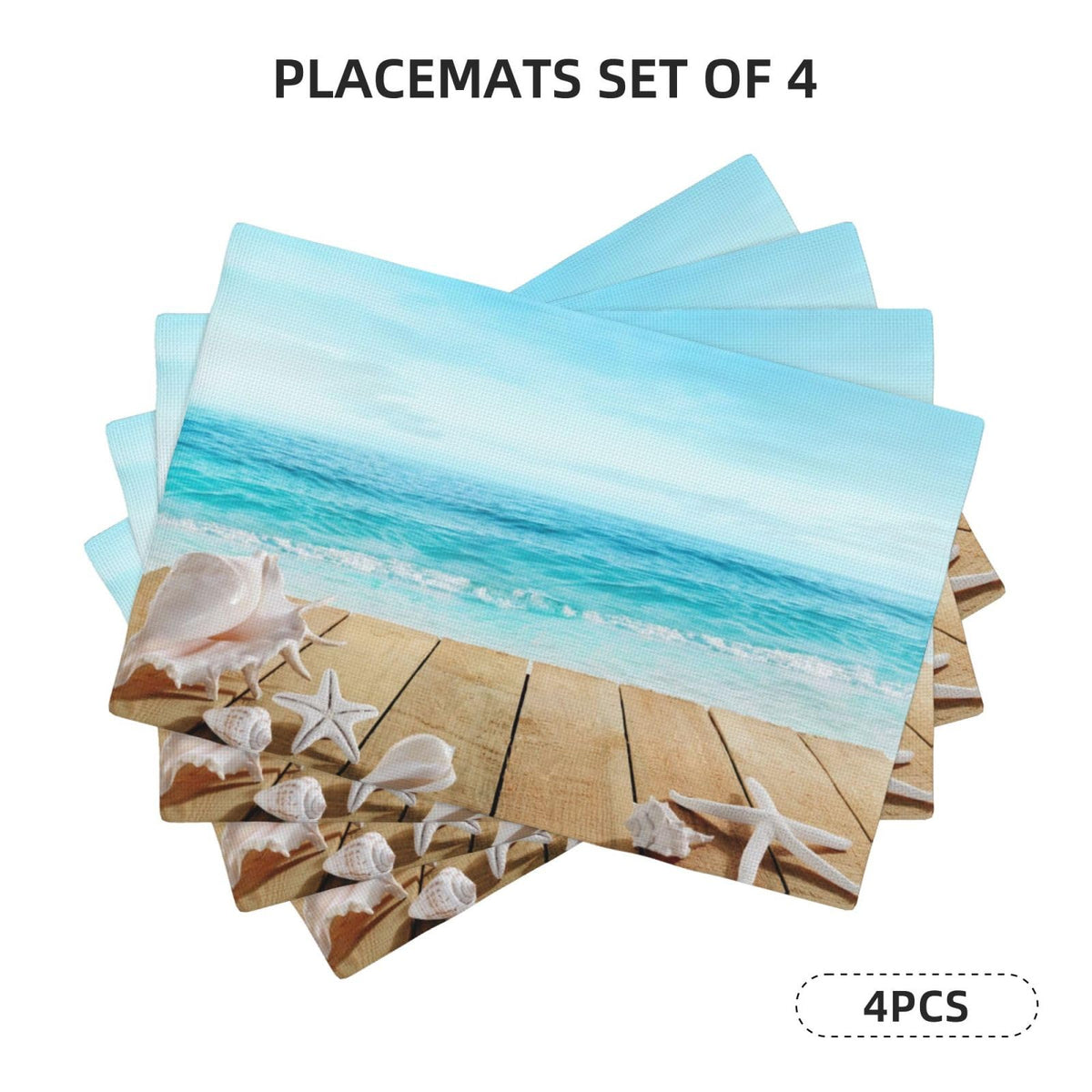 Seashells Placemats Set of 4 Wooden Boardwald Sunshine Vacations Beach Theme Reusable Linen Table Mats Wipeable Rectangle Place Mats for Home Kitchen Dining Decoration 12x18 Inch