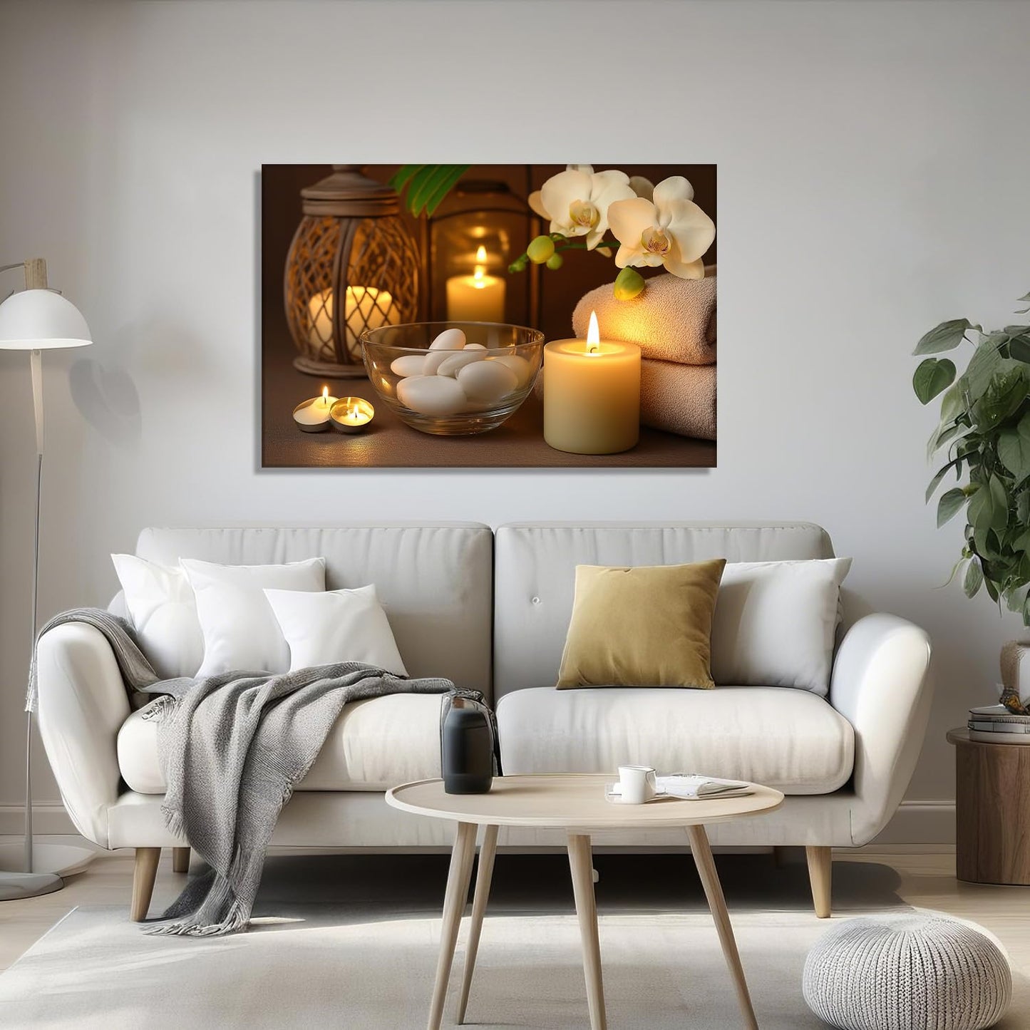 KPLUNDO Zen Canvas Wall Art - Candle with Spa Stones on Wood Table Picture Orchid Painting Prints Meditation Relax Artwork for Bathroom Yoga Spiritual Room Decor Frame(16.00x24.00 inch)