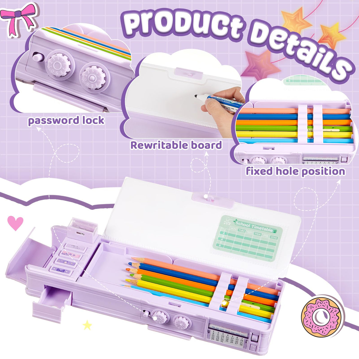 Humyoun Multifunctional Pop up Pencil Case for Girls, Cute Cartoon Pen Box Organizer with Password Lock, Sharpener, Schedule, Birthday Stationery Gifts for Kids (Purple, Magic World)