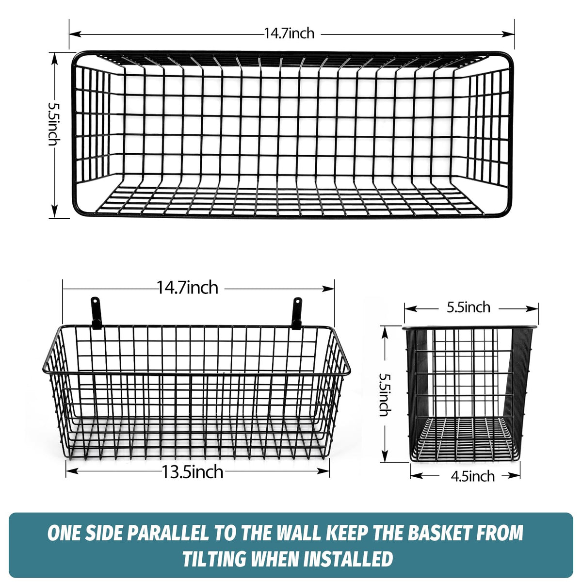 4 Set [EXTRA LARGE] Hanging Wall Mount Storage Baskets with Adhesive Hooks & Steel Hooks, Multiuse Sturdy Wire Metal Organizing Baskets for Home Kitchen Bathroom Pantry Utility Organizer, Black
