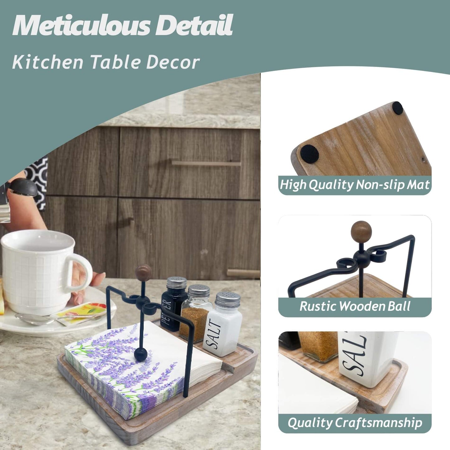 Flat Napkin Holder with Salt and Pepper Shakers, Kitchen Table Decor, 2-in-1 Rustic Napkin Holder for Paper Napkins, Wooden Table Decor for Bar, Kitchen & Dinning Room