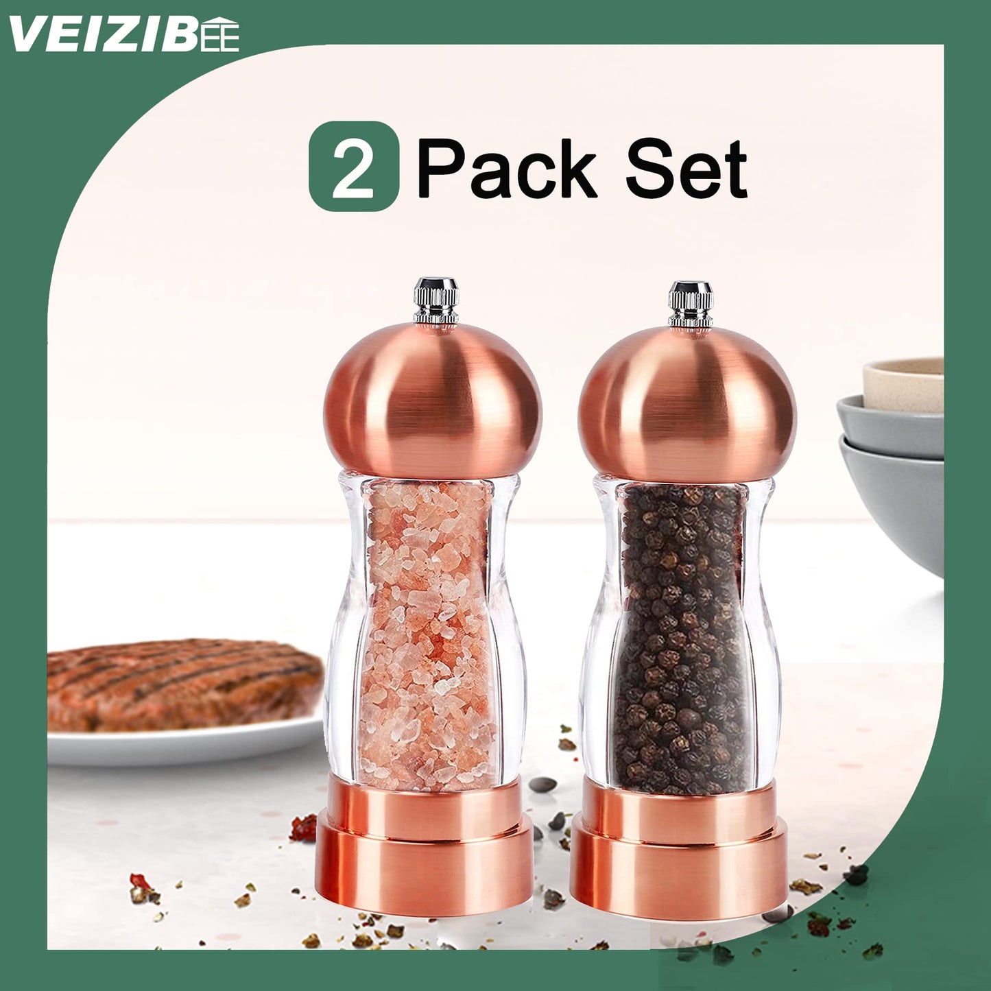 Salt and Pepper Grinder Set Classical Hand Shake Pepper Mill Set Gorgeous Salt Grinder Set Rosy, Ceramic Blades With Adjustable Coarseness, Enjoy Best Fresh Ground Pepper Sea Salts Various spices