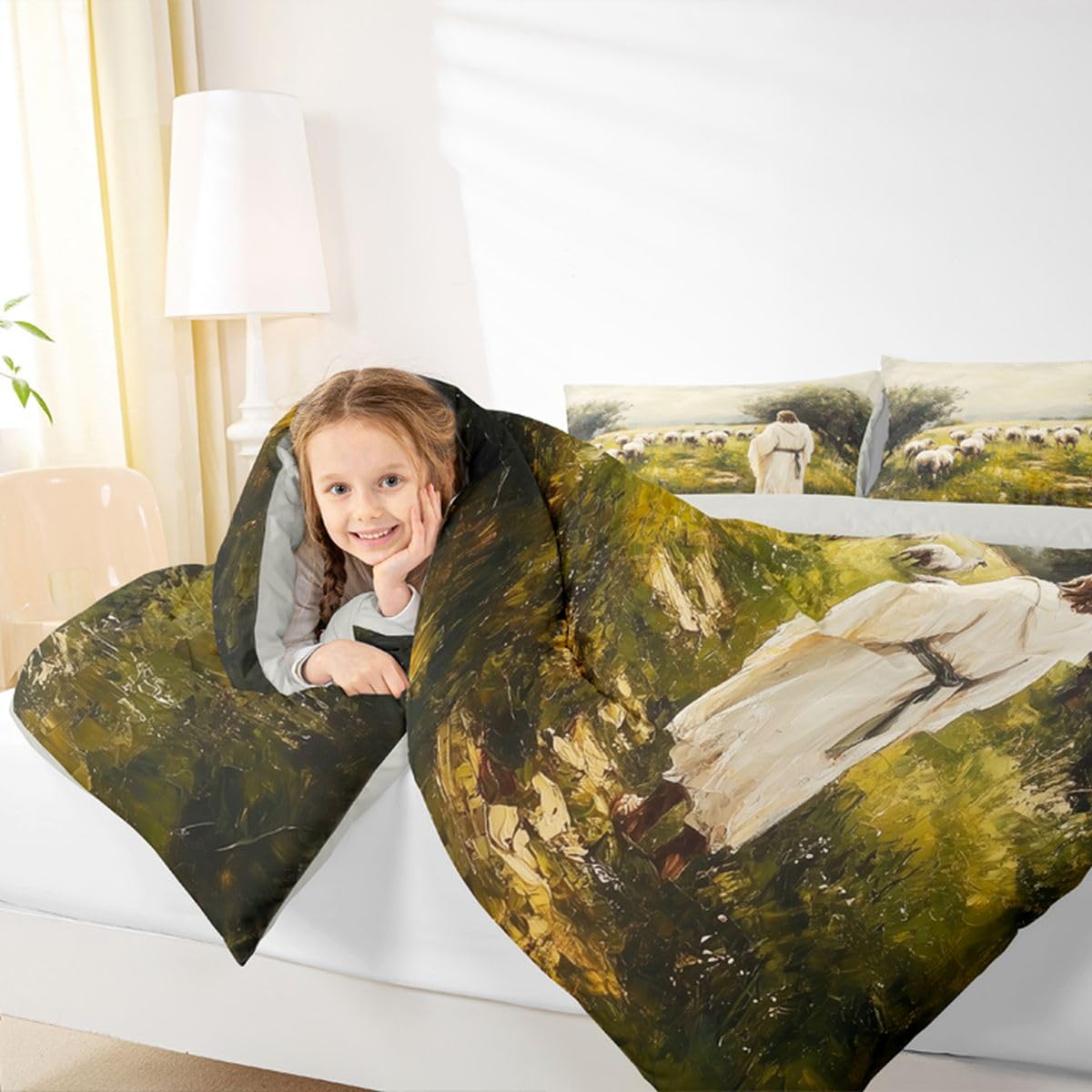 God and Lamb Kids Comforter Set Twin Size,Western Spiritual Bible Verse Bedding Set Boys Girls Room Decor,Bible Stories Spiritual Quilt Comforter,Green White Duvet Set Bedroom Quilt Set,1 Pillowcase