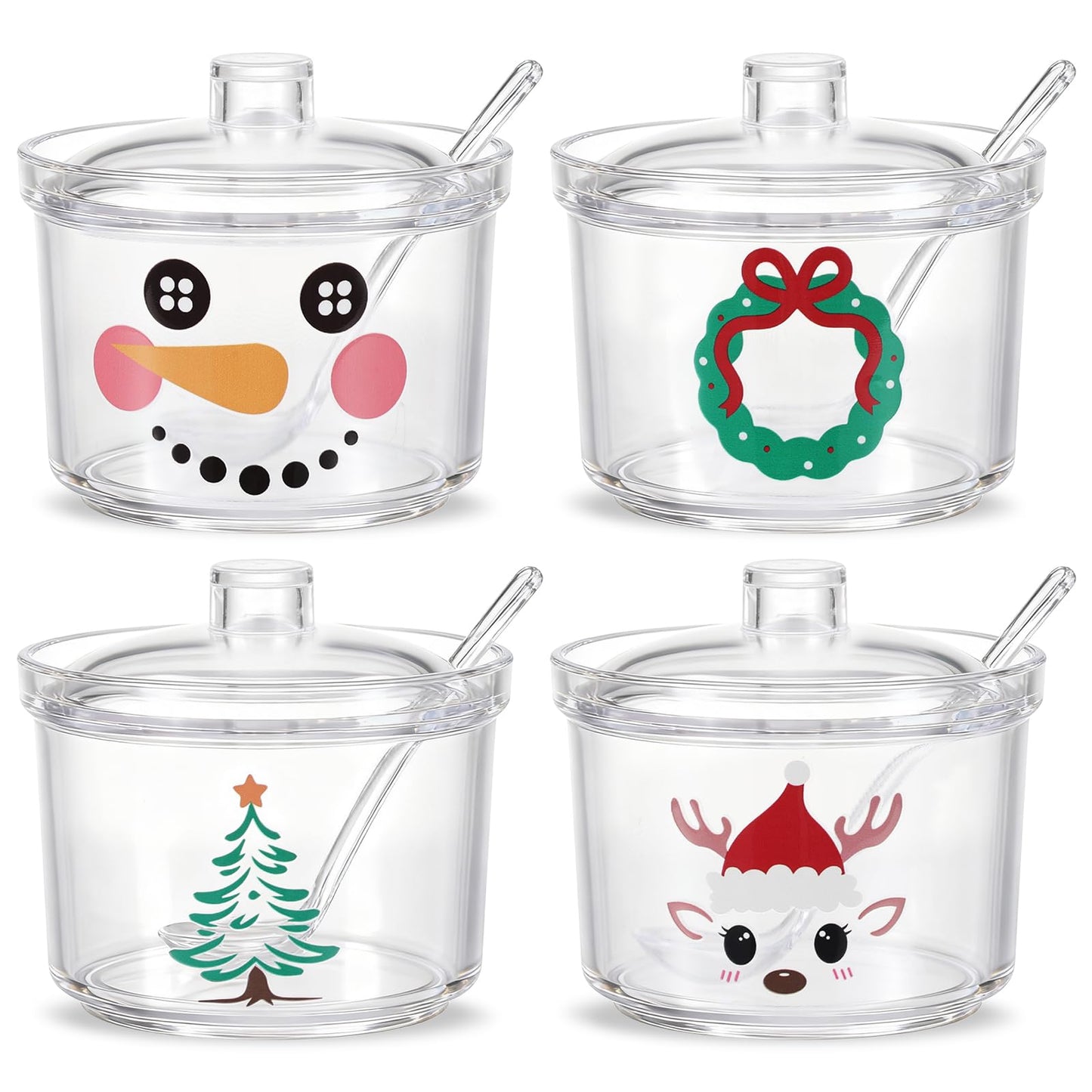 Foxtell 4 Pcs Christmas Clear Acrylic 450ml Sugar Bowls with Lid and Spoon Ice Cream Sundae Storage Container Kitchen Canister Condiment Bottle for Xmas Party Serving & Decor