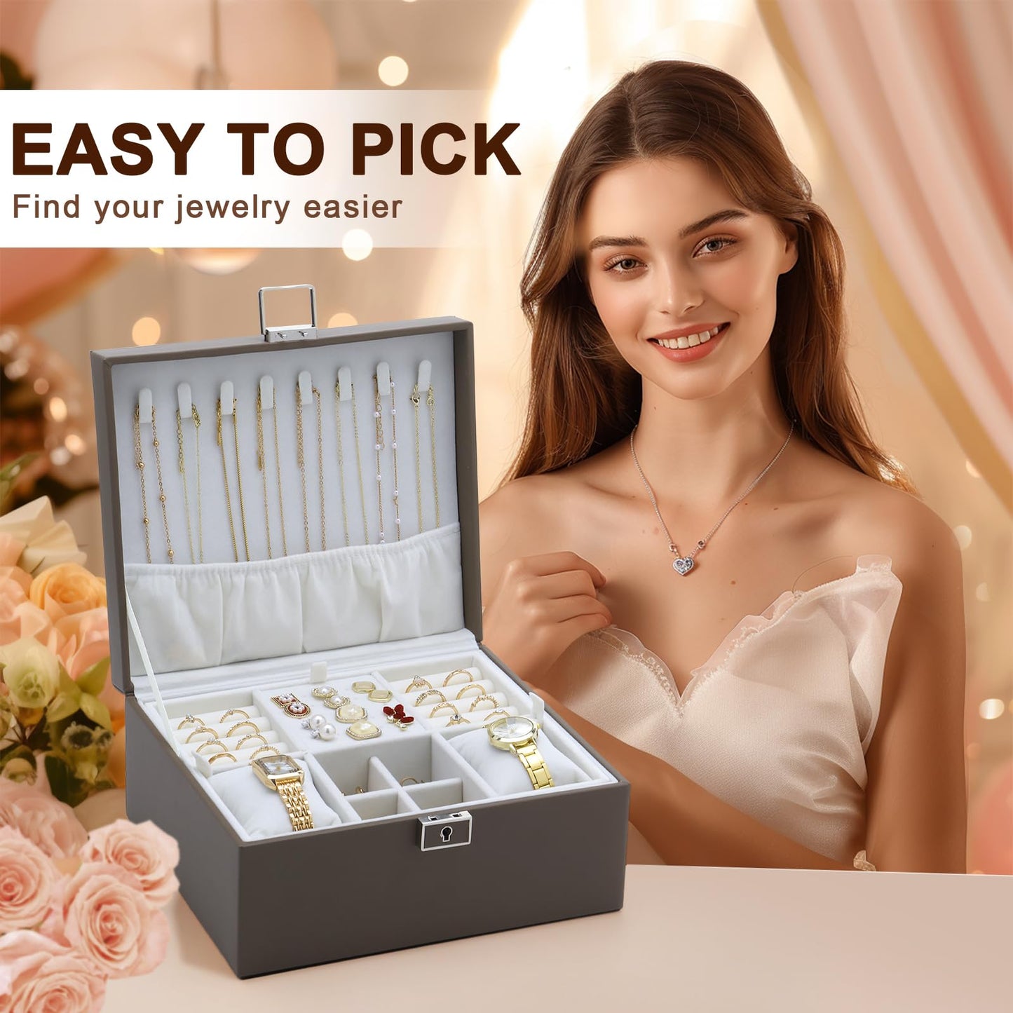 IBURTEN Jewelry Organizer Boxes for Women,Travel Jewelry Case, 2 Layers Removable Jewelry Box,Storage for Necklace, Bracelet, Earring,Rings,Jewelry Box Gifts for Women Girls