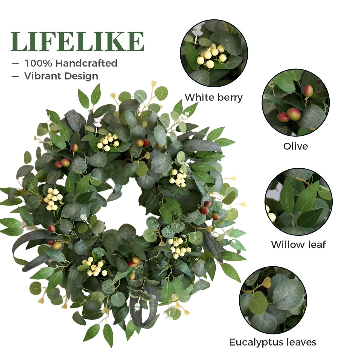 22-24" Eucalyptus Wreaths for Front Door,Spring Summer Fall Autumn Winter Wreaths,Large Eucalyptus Greenery Wreath with Olive Leaves Berries for Front Door Outdoor Farmhouse Decor All Seasons