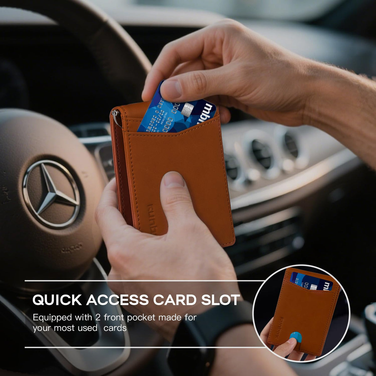RUNBOX Slim Money Clip Wallets for Men RFID Blocking 8 Card Holder Minimalist Small Thin Carbon Leather Bifold Mens Front Pocket Wallet Gift Box(Desert Brown)
