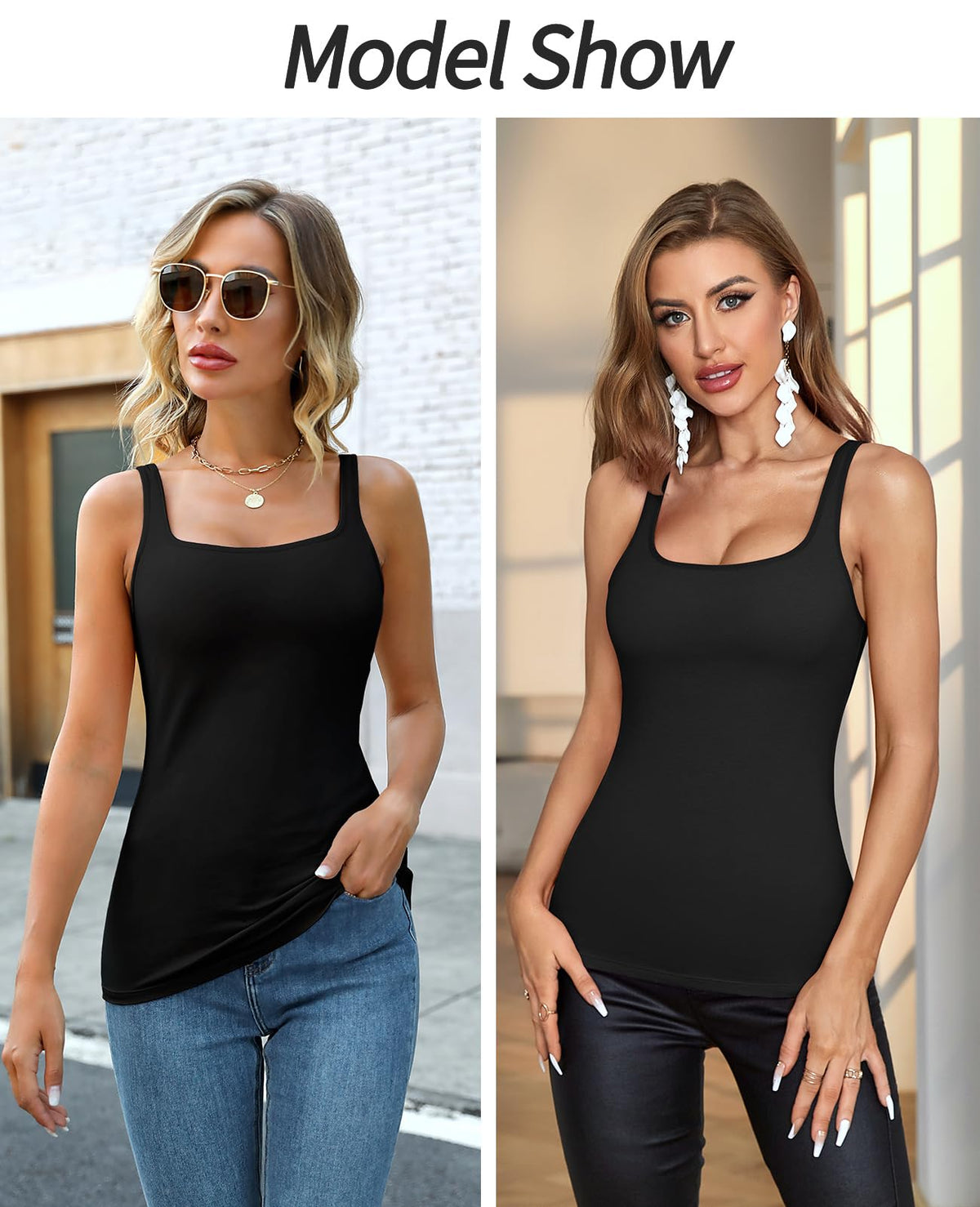 V FOR CITY Women's Tank Tops with Built-in Bra Black Cotton Camisole Sleeveless Cami Shirts Black