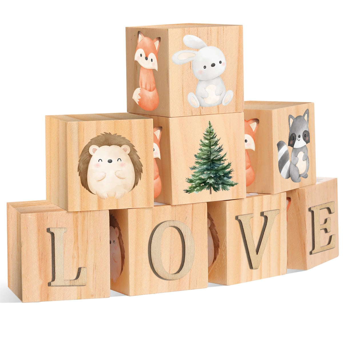 Wonderjune Custom Woodland Animals Wooden Name Sign, 8 Animals Block with 78 Letter Name Cubes for Alphabet Wood Signs Playroom Decoration