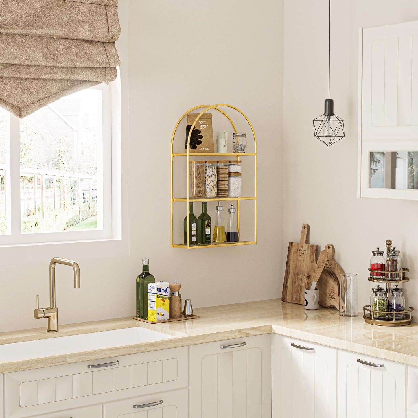 Crofy 3-Tier Arched Wall Shelf with Gold Frame & Transparent Shelves