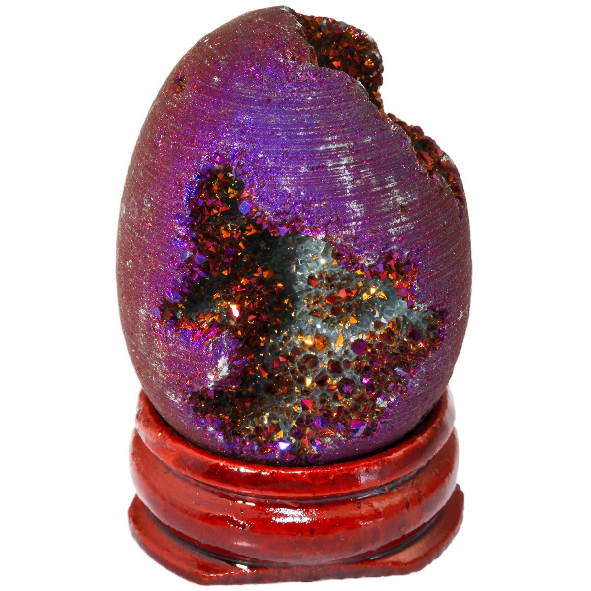mookaitedecor Druzy Agate Geode Specimen, Purple Titanium Coated Quartz Crystal Egg Figurines with Wood Stand