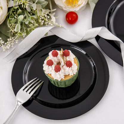 FLOWERCAT 100PCS Black Plastic Plates - Heavy Duty Black Disposable Plates for Halloween Party/Birthday/Wedding/Father's Day- serve 50guests 10 inch and 7 inch Set