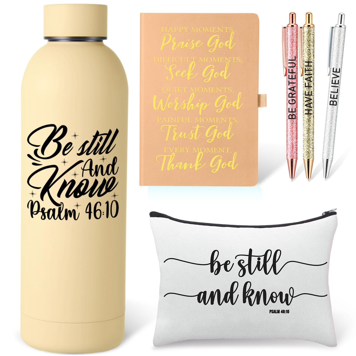 SiliFine 6 Pcs Christian Gifts for Women Be Still and Know Faith Religious Inspirational Thank You Gift Spiritual Birthday Christmas for Water Bottle Cosmetic Bag(Yellow)